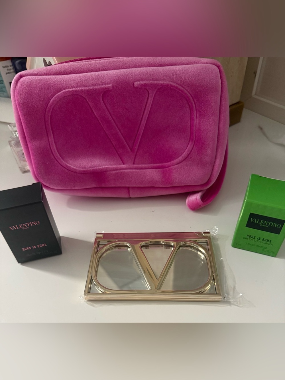 Valentino Pink Velvet V Logo Cosmetic Pouch with Valentino mirror and minis